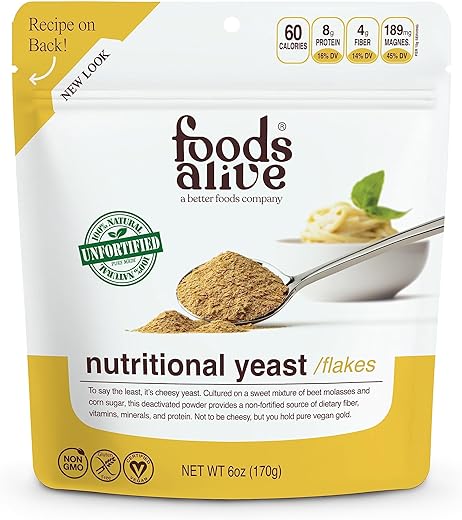 Foods Alive Non-Fortified Premium Nutritional Yeast Flakes, 6 ounce Unfortified vegan cheese powder seasoning