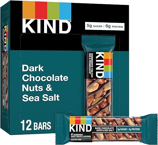 KIND Bars, Dark Chocolate Nuts and Sea Salt, Healthy Snacks, Gluten Free, Low Sugar, 6g Protein, 12 Count